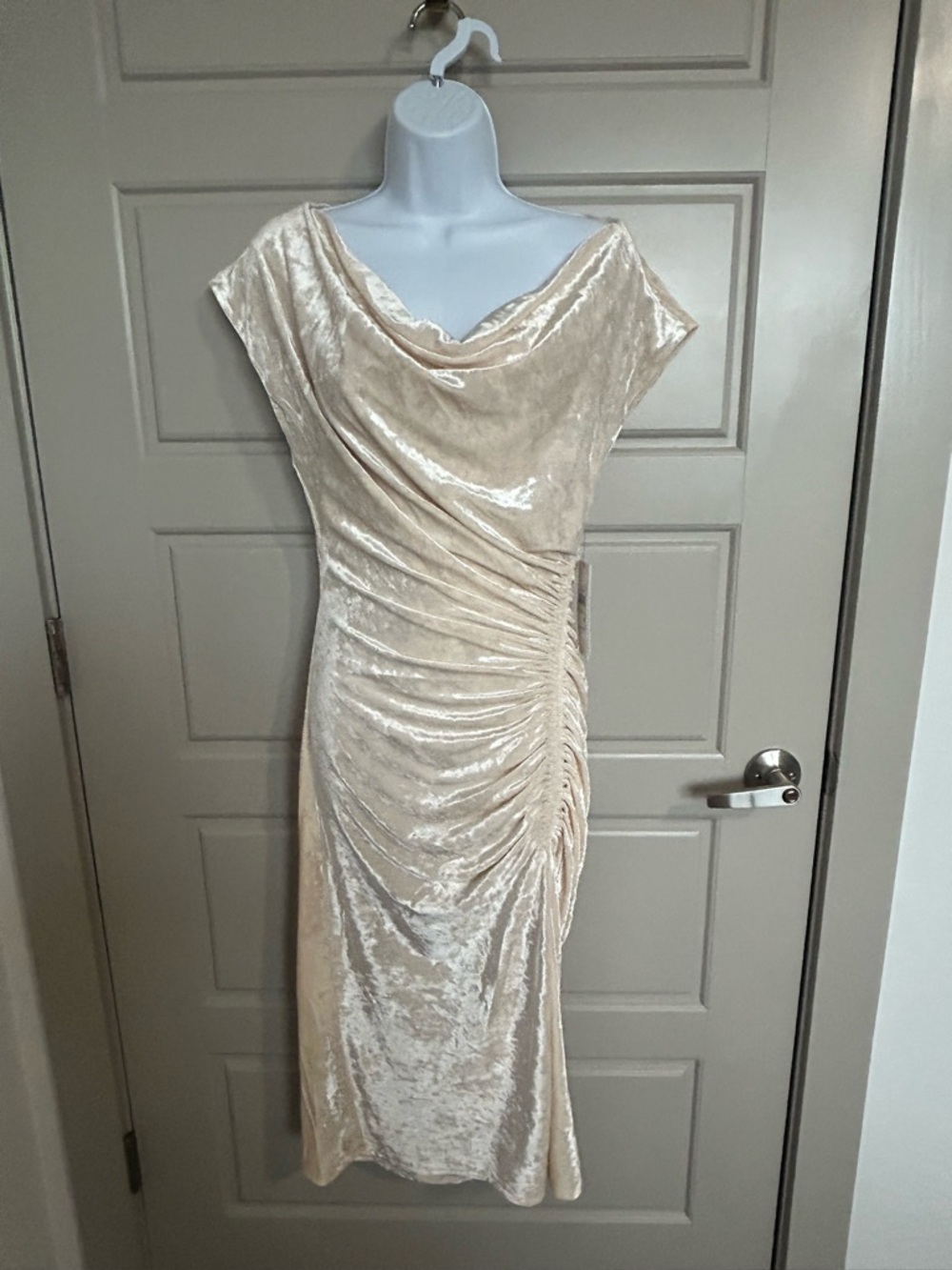 Dkny Cream Velvet Cowl Neck Ruched Midi Dress